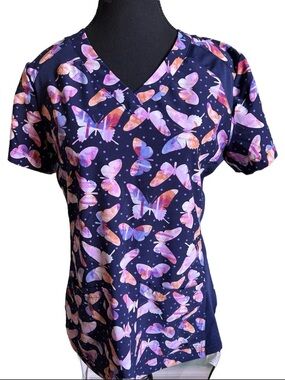 Navy Butterfly Print V-Neck Scrub Top - Unbranded